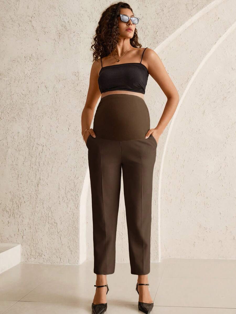 Maternity Tailored Office Pants - Adjustable Waist, Belly Support, Cropped, Black