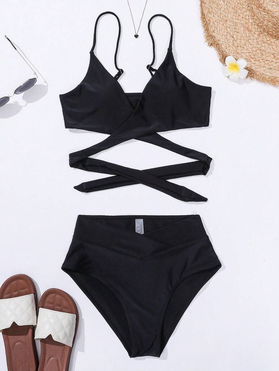 Women's Minimalist Solid Bikini Set - Halter, Criss Cross, High Waist, Red