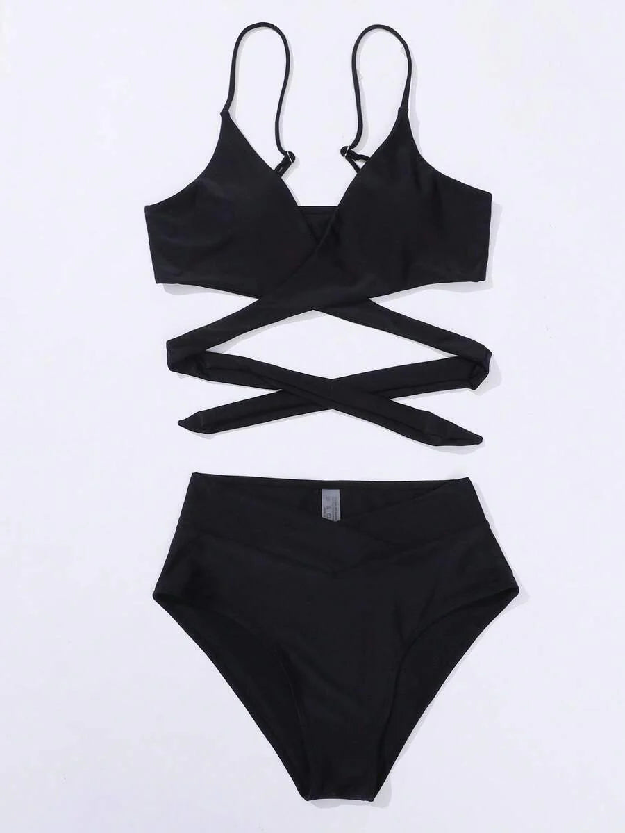 Women's Minimalist Solid Bikini Set - Halter, Criss Cross, High Waist, Red