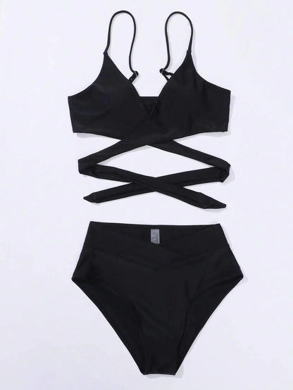 Women's Minimalist Solid Bikini Set - Halter, Criss Cross, High Waist, Red
