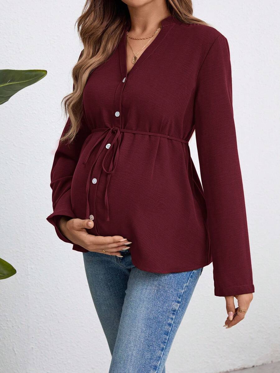 Army Green Button Down Maternity Shirt with Belted Waist, Long Sleeve Notched Neck Loose Fit Flared Hem Casual Woven Blouse