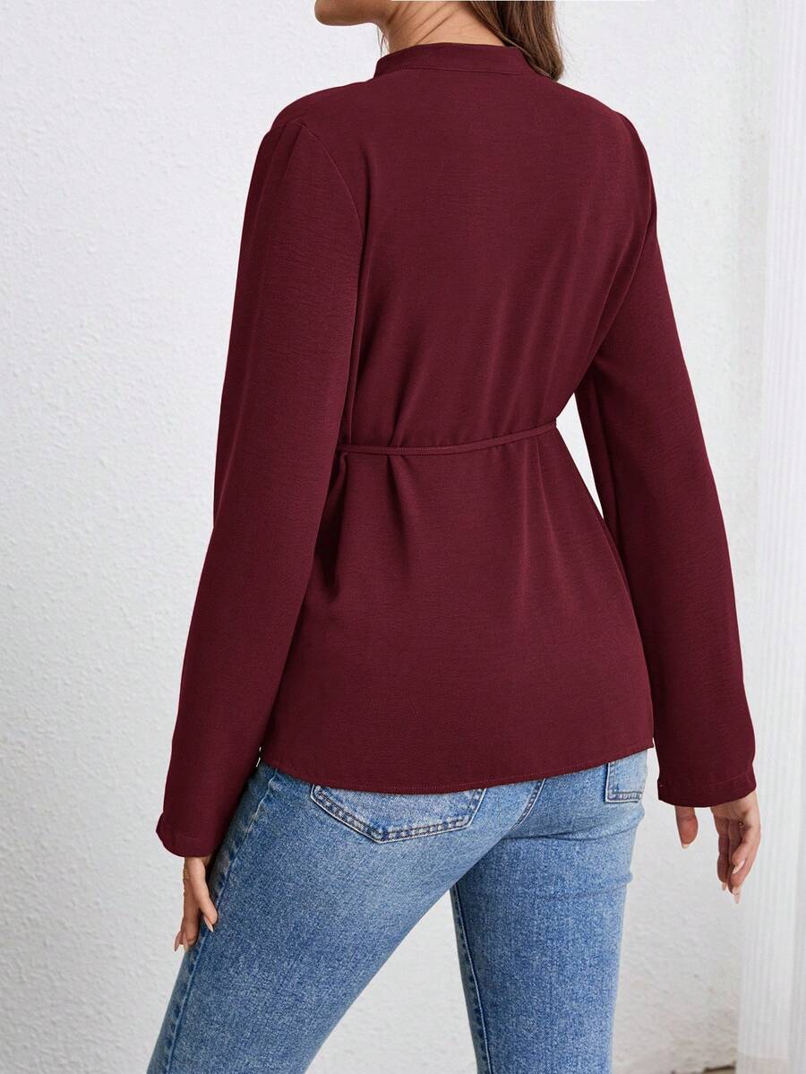 Army Green Button Down Maternity Shirt with Belted Waist, Long Sleeve Notched Neck Loose Fit Flared Hem Casual Woven Blouse