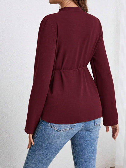 Army Green Button Down Maternity Shirt with Belted Waist, Long Sleeve Notched Neck Loose Fit Flared Hem Casual Woven Blouse