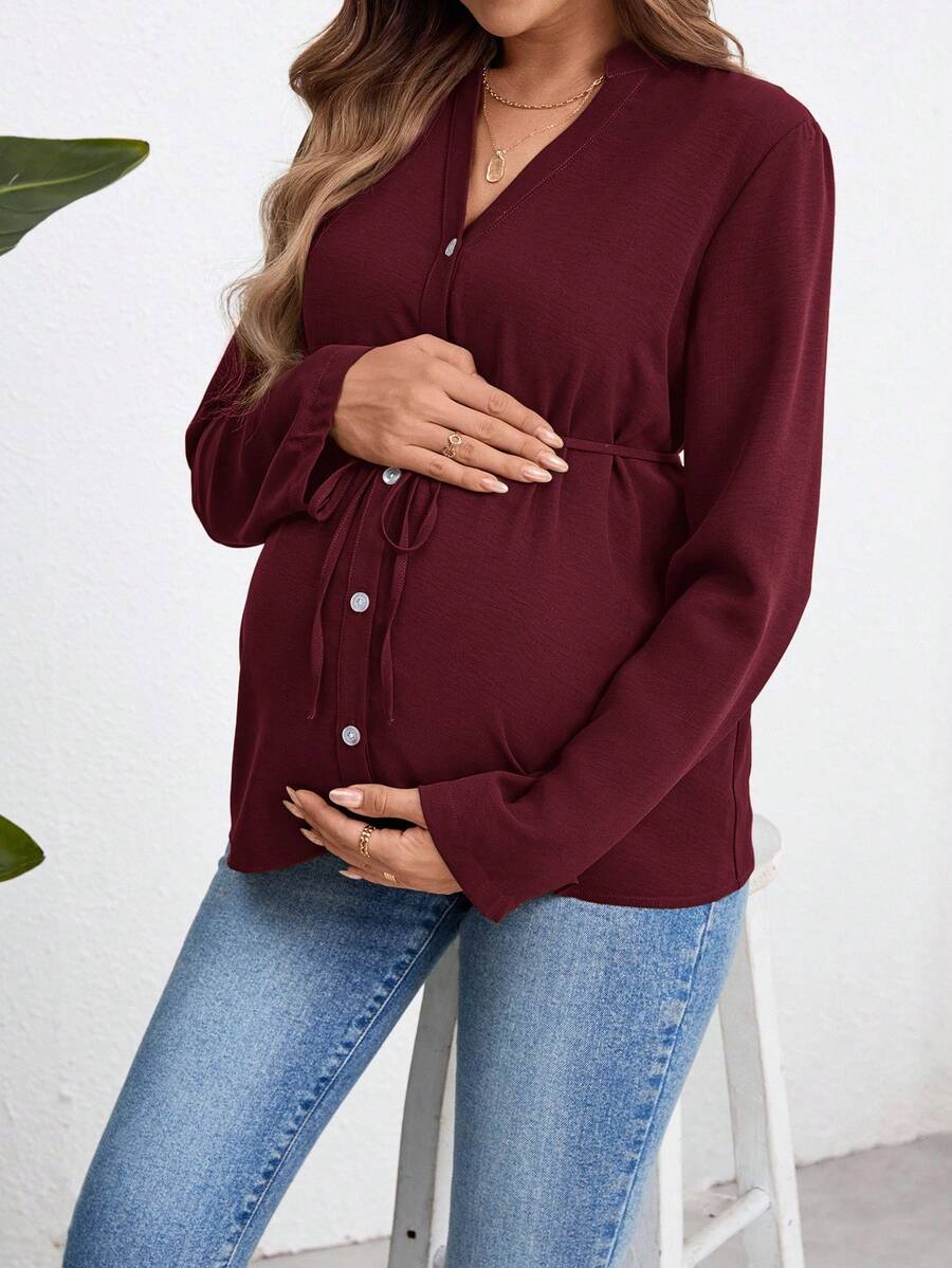 Army Green Button Down Maternity Shirt with Belted Waist, Long Sleeve Notched Neck Loose Fit Flared Hem Casual Woven Blouse