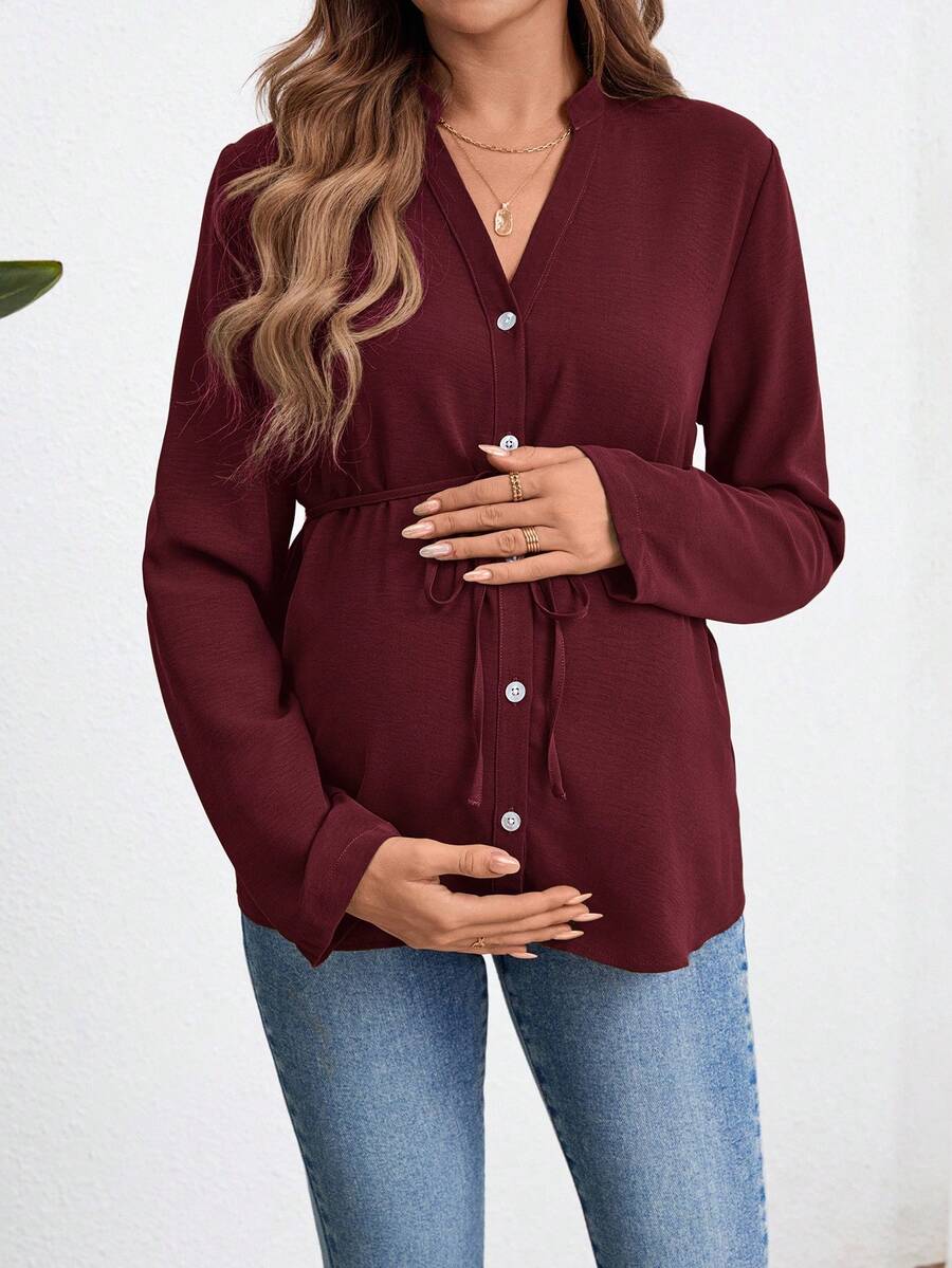 Army Green Button Down Maternity Shirt with Belted Waist, Long Sleeve Notched Neck Loose Fit Flared Hem Casual Woven Blouse
