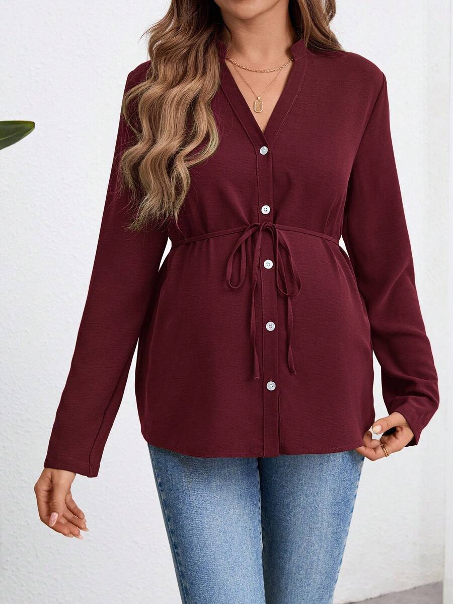Army Green Button Down Maternity Shirt with Belted Waist, Long Sleeve Notched Neck Loose Fit Flared Hem Casual Woven Blouse