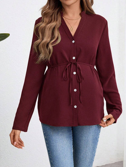 Army Green Button Down Maternity Shirt with Belted Waist, Long Sleeve Notched Neck Loose Fit Flared Hem Casual Woven Blouse