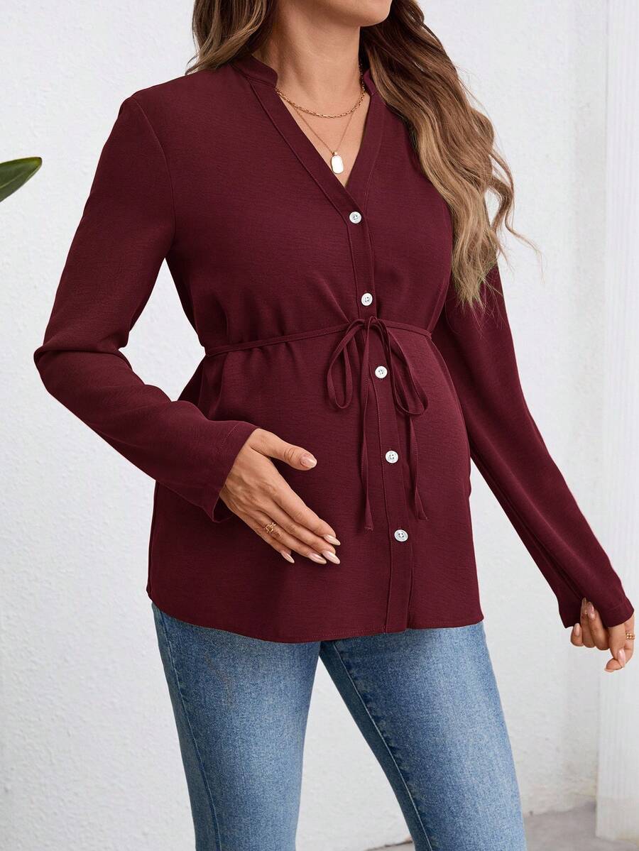 Army Green Button Down Maternity Shirt with Belted Waist, Long Sleeve Notched Neck Loose Fit Flared Hem Casual Woven Blouse
