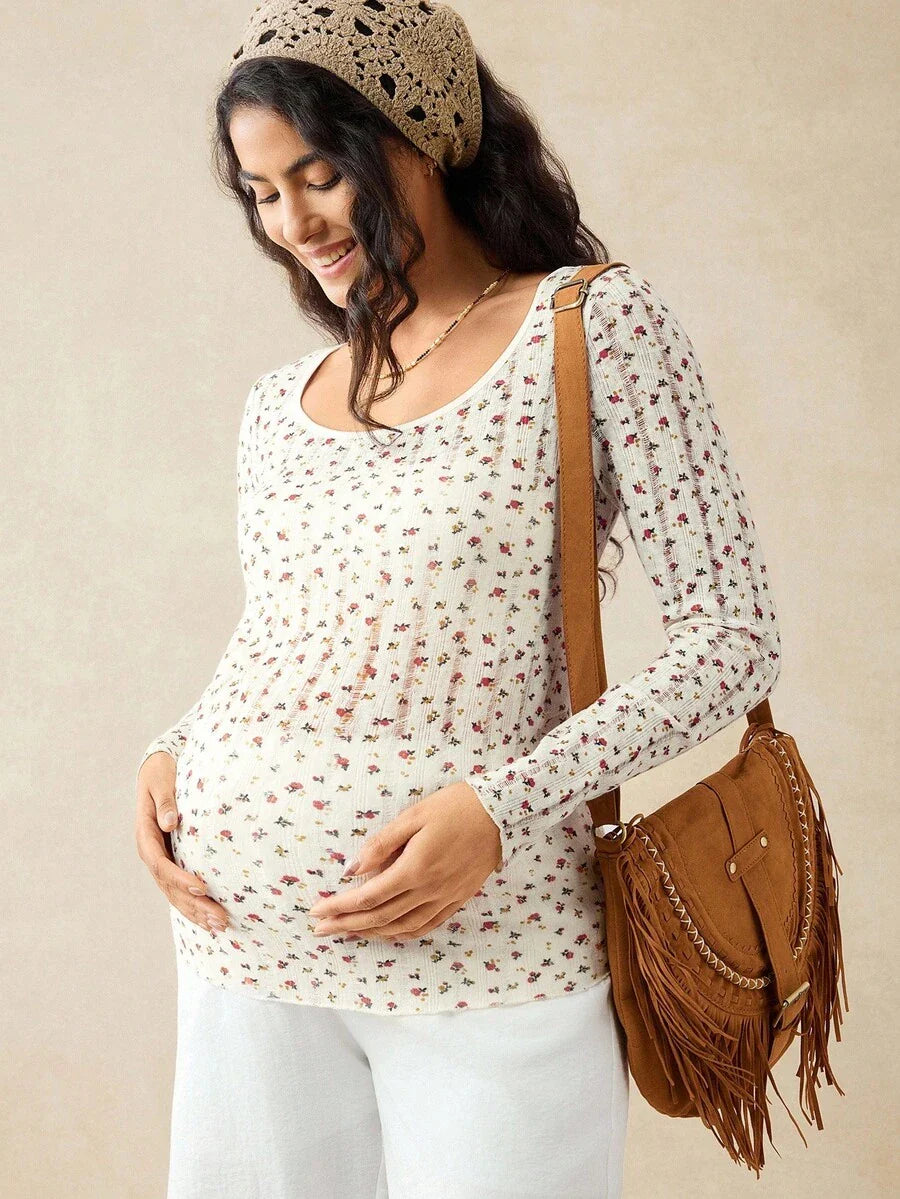 Apricot Ditsy Floral Maternity Long Sleeve Top - Slim Fit Scoop Neck Knitted Fall T-Shirt - Boho Maternity Loungewear