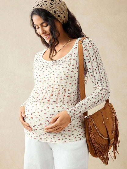 Apricot Ditsy Floral Maternity Long Sleeve Top - Slim Fit Scoop Neck Knitted Fall T-Shirt - Boho Maternity Loungewear