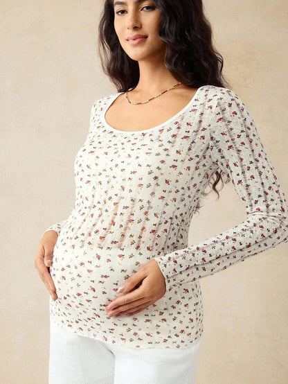 Apricot Ditsy Floral Maternity Long Sleeve Top - Slim Fit Scoop Neck Knitted Fall T-Shirt - Boho Maternity Loungewear