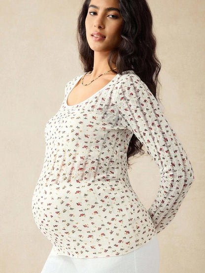 Apricot Ditsy Floral Maternity Long Sleeve Top - Slim Fit Scoop Neck Knitted Fall T-Shirt - Boho Maternity Loungewear