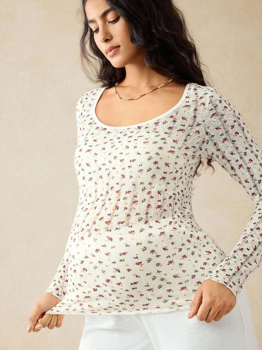 Apricot Ditsy Floral Maternity Long Sleeve Top - Slim Fit Scoop Neck Knitted Fall T-Shirt - Boho Maternity Loungewear