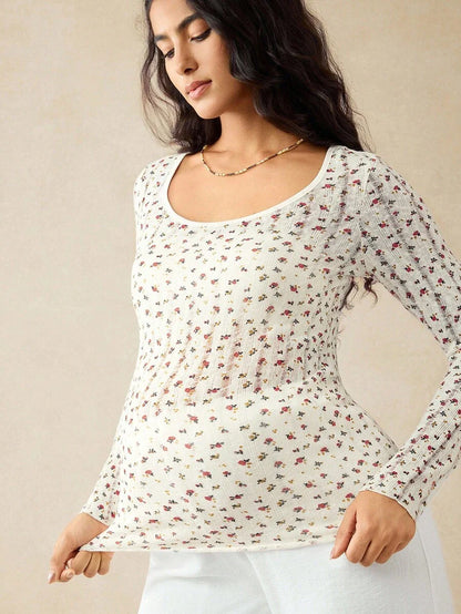 Apricot Ditsy Floral Maternity Long Sleeve Top - Slim Fit Scoop Neck Knitted Fall T-Shirt - Boho Maternity Loungewear