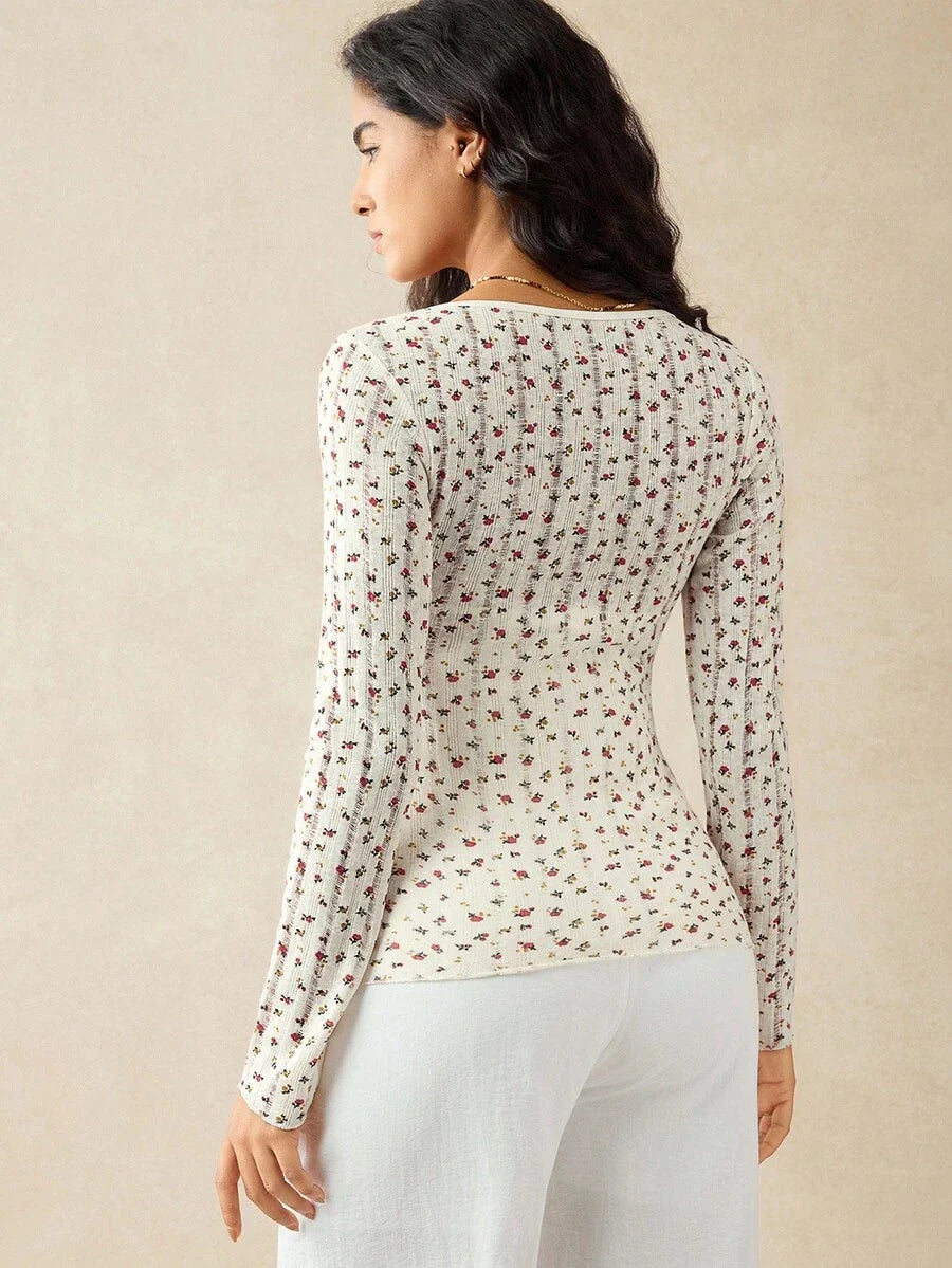 Apricot Ditsy Floral Maternity Long Sleeve Top - Slim Fit Scoop Neck Knitted Fall T-Shirt - Boho Maternity Loungewear