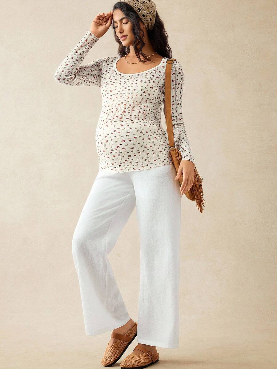 Apricot Ditsy Floral Maternity Long Sleeve Top - Slim Fit Scoop Neck Knitted Fall T-Shirt - Boho Maternity Loungewear