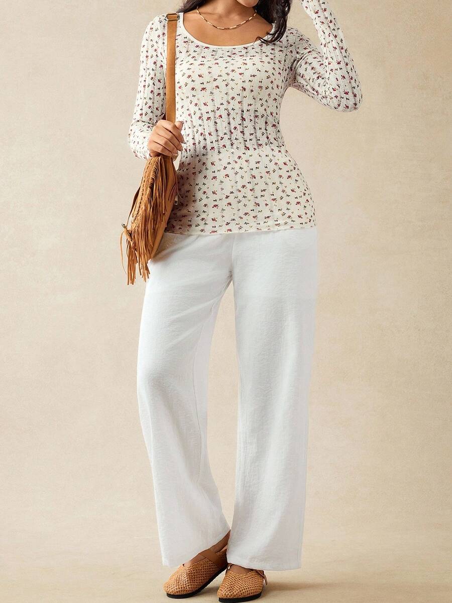 Apricot Ditsy Floral Maternity Long Sleeve Top - Slim Fit Scoop Neck Knitted Fall T-Shirt - Boho Maternity Loungewear