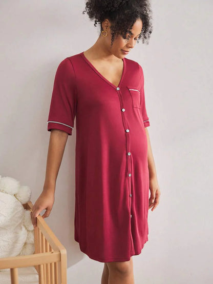 Maternity Short Sleeve Nursing Nightgown With Lace&Button,Fashion Loungewear Sleepwear Pajama Dress Sleep Shirt