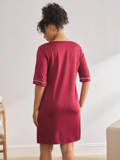 Black Short Sleeve Maternity Nursing Nightgown - Button Front V Neck Sleep Shirt - High Stretch Lace Trim Loungewear Pajama Dress