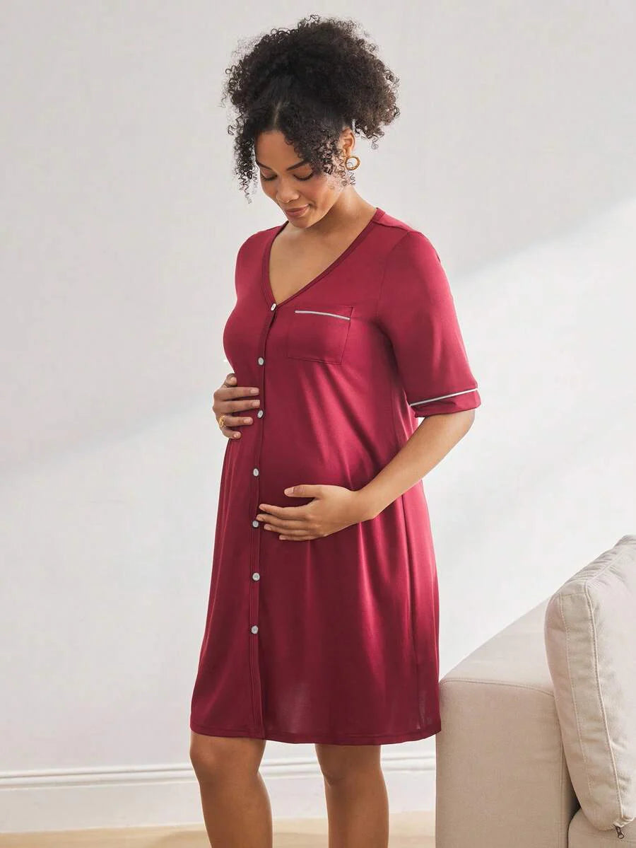 Black Short Sleeve Maternity Nursing Nightgown - Button Front V Neck Sleep Shirt - High Stretch Lace Trim Loungewear Pajama Dress