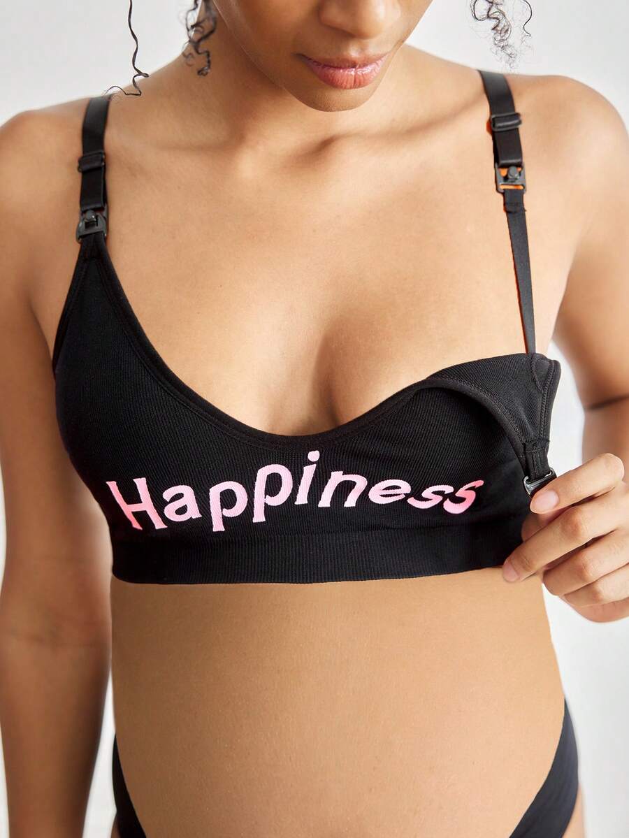 Seamless Maternity Nursing Bra with Letter Print High Rise Backless Wireless Nursing Bralette with Removable Padding in Black
