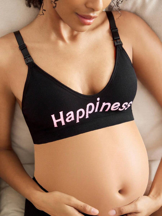 Seamless Maternity Nursing Bra with Letter Print High Rise Backless Wireless Nursing Bralette with Removable Padding in Black