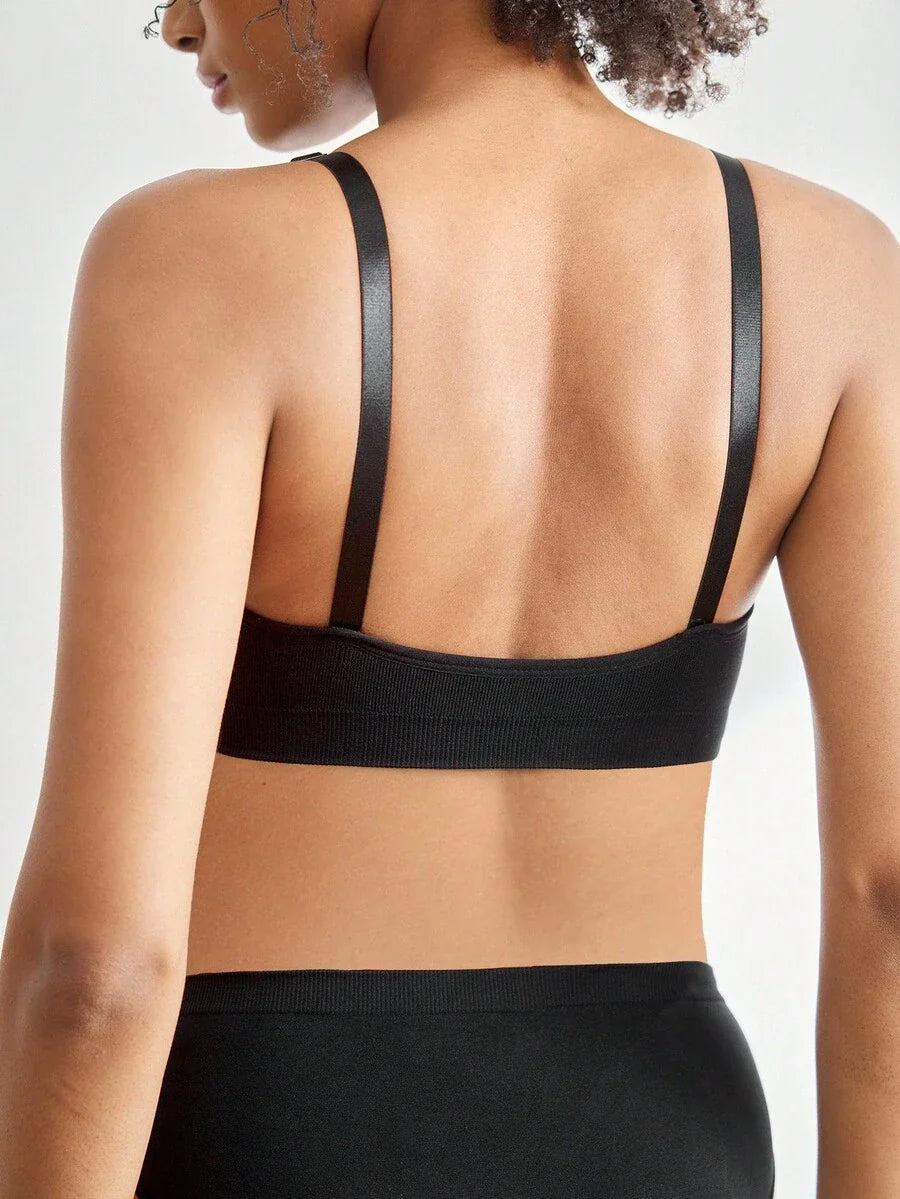 Seamless Maternity Nursing Bra with Letter Print High Rise Backless Wireless Nursing Bralette with Removable Padding in Black