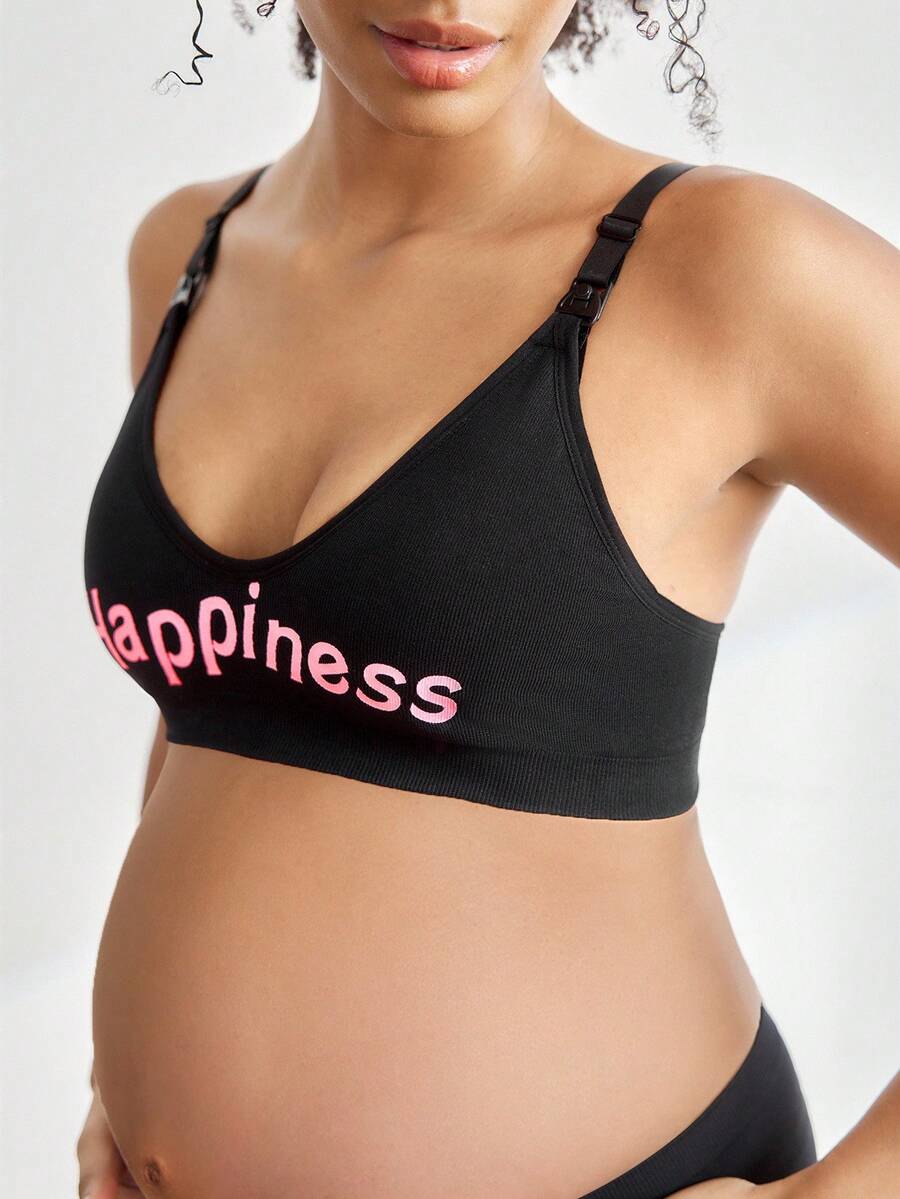 Seamless Maternity Nursing Bra with Letter Print High Rise Backless Wireless Nursing Bralette with Removable Padding in Black