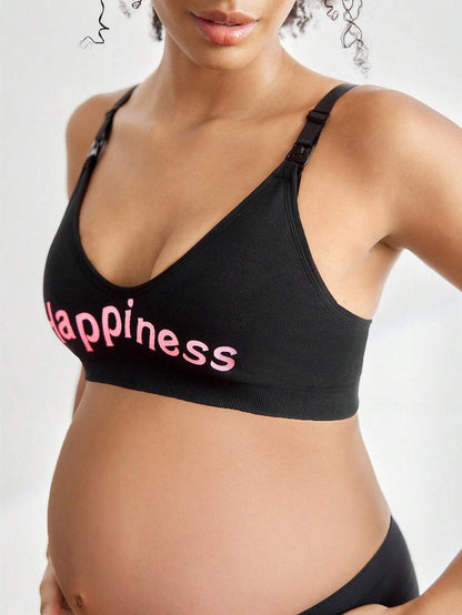 Seamless Maternity Nursing Bra with Letter Print High Rise Backless Wireless Nursing Bralette with Removable Padding in Black