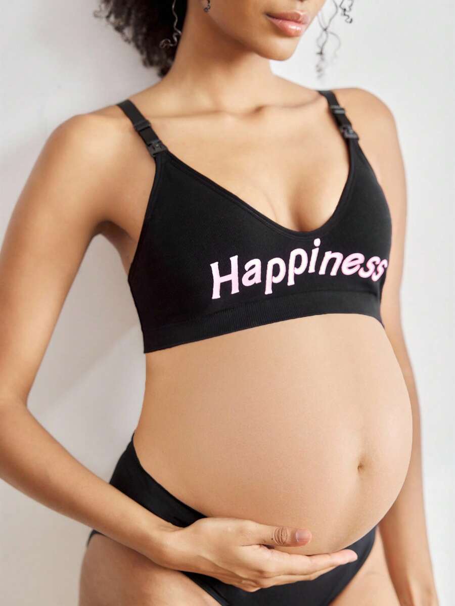 Seamless Maternity Nursing Bra with Letter Print High Rise Backless Wireless Nursing Bralette with Removable Padding in Black