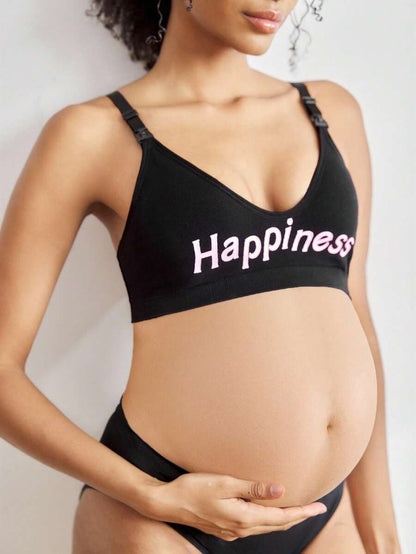 Seamless Maternity Nursing Bra with Letter Print High Rise Backless Wireless Nursing Bralette with Removable Padding in Black