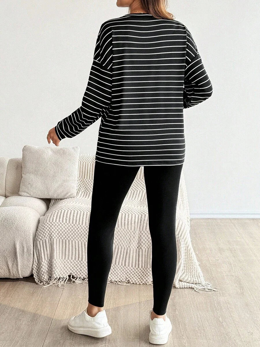 2-Piece Striped Maternity Lounge Set - Long Sleeve Top and High-Waist Leggings for Autumn Winter