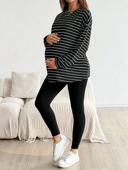 2-Piece Striped Maternity Lounge Set - Long Sleeve Top and High-Waist Leggings for Autumn Winter