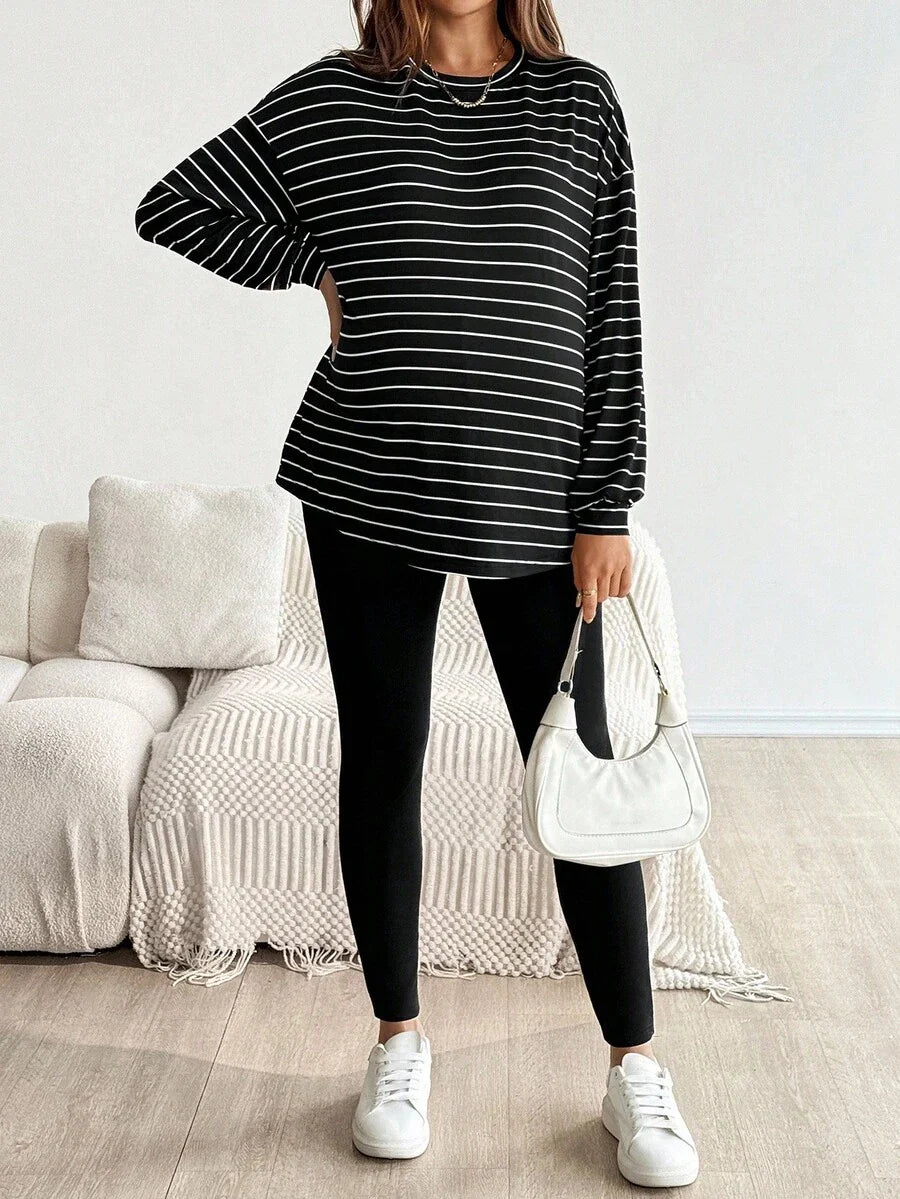 2-Piece Striped Maternity Lounge Set - Long Sleeve Top and High-Waist Leggings for Autumn Winter