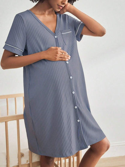 Maternity Ribbed Nursing Nightgown Women Short Sleeve Button Sleepwear Pajama Dress