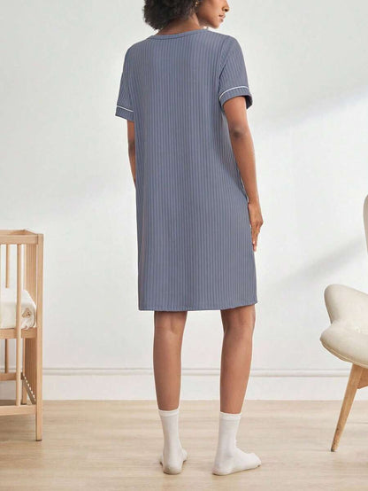 Maternity Ribbed Nursing Nightgown Women Short Sleeve Button Sleepwear Pajama Dress