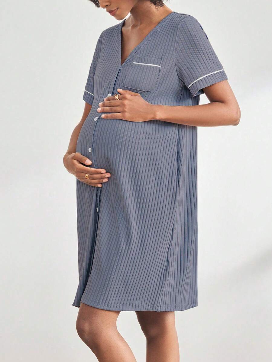 Maternity Ribbed Button Front Nightgown - Short Sleeve Sleepwear Pajama Dress Nursing Homewear