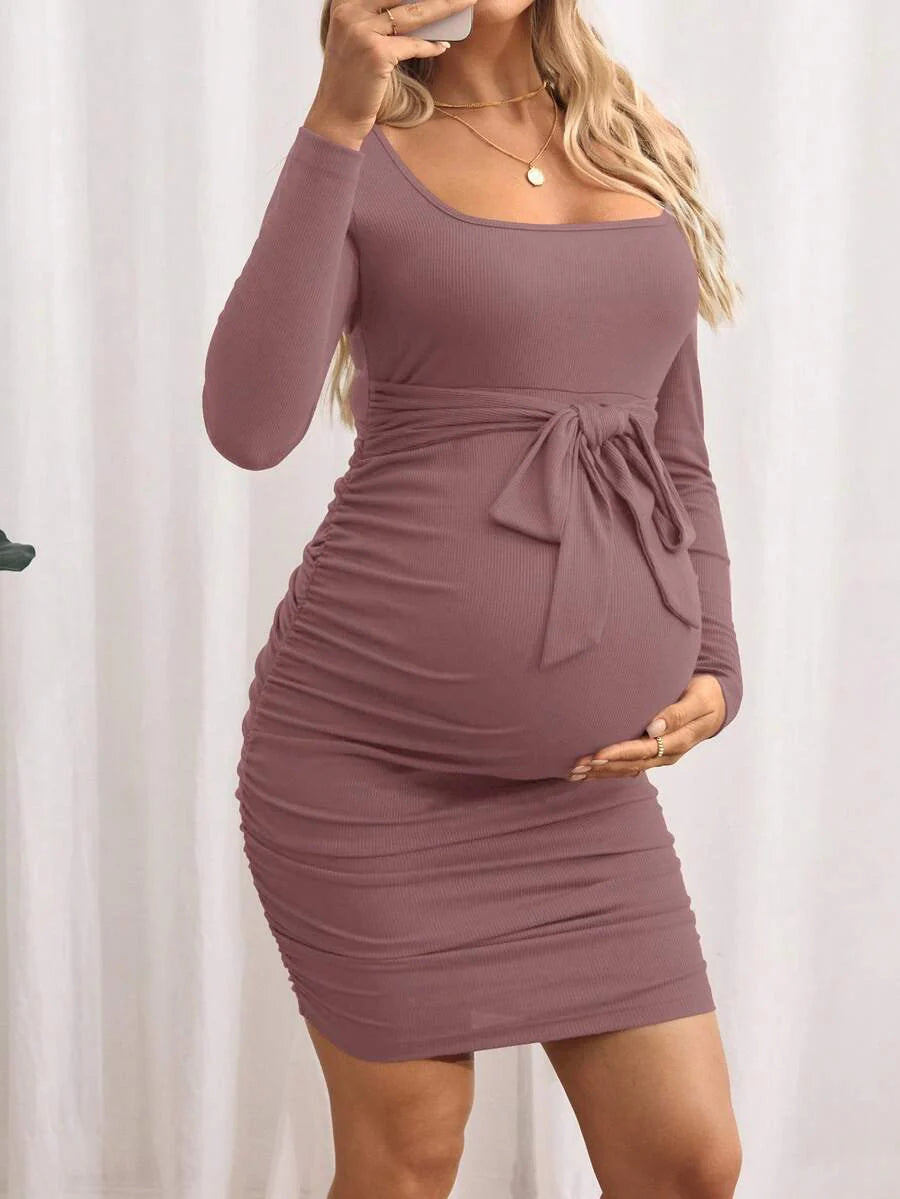 Maternity Bodycon Dress - Khaki Ruched Slim-Fit Belted Square Neck Long Sleeve Ribbed Knit, Pencil