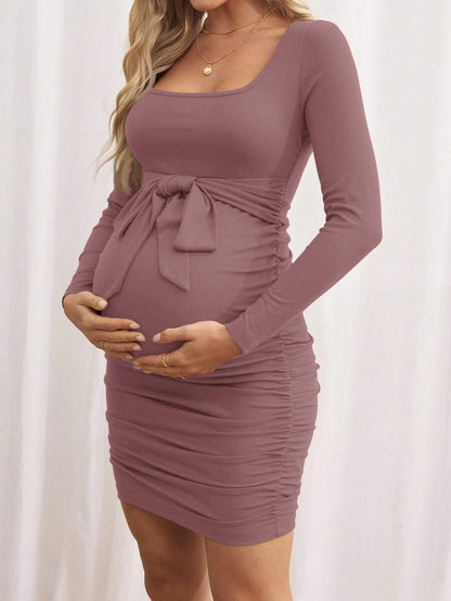 Maternity Bodycon Dress - Khaki Ruched Slim-Fit Belted Square Neck Long Sleeve Ribbed Knit, Pencil