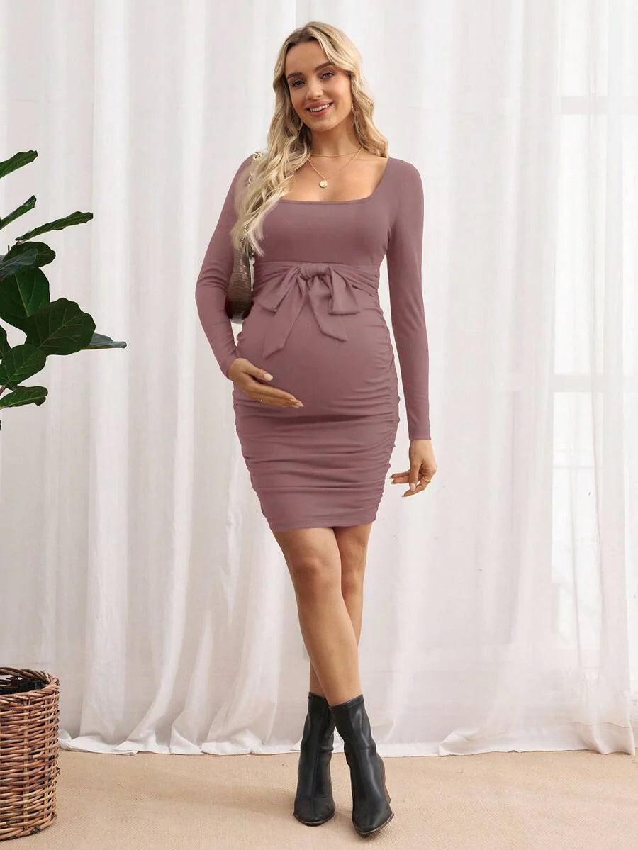 Maternity Bodycon Dress - Khaki Ruched Slim-Fit Belted Square Neck Long Sleeve Ribbed Knit, Pencil