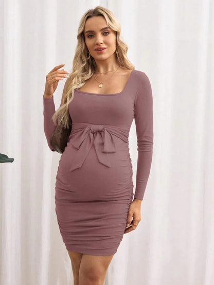 Maternity Bodycon Dress - Khaki Ruched Slim-Fit Belted Square Neck Long Sleeve Ribbed Knit, Pencil