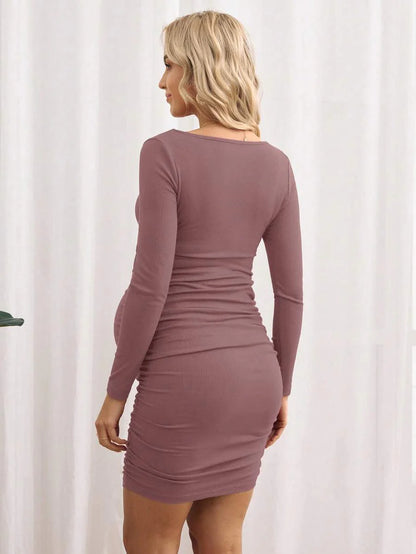 Maternity Bodycon Dress - Khaki Ruched Slim-Fit Belted Square Neck Long Sleeve Ribbed Knit, Pencil