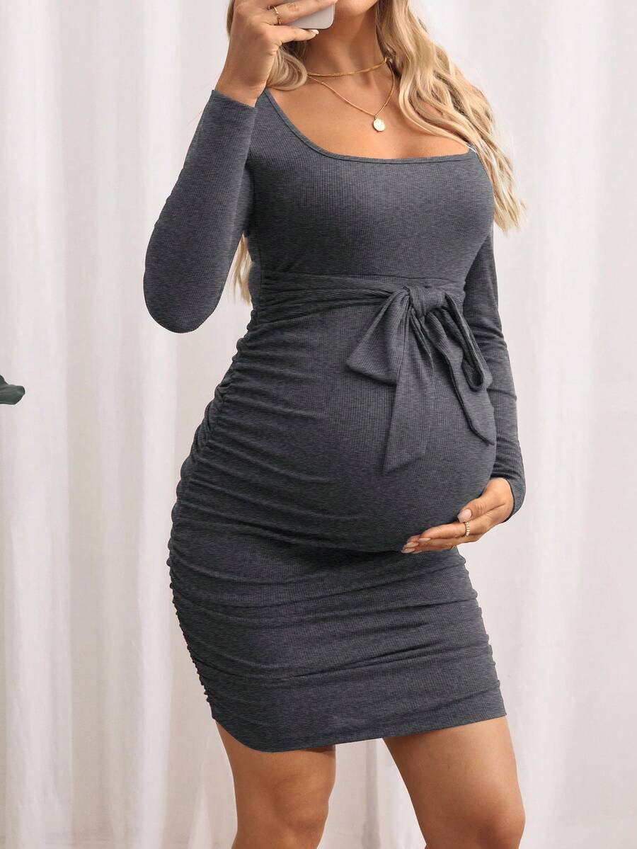 Maternity Bodycon Dress - Khaki Ruched Slim-Fit Belted Square Neck Long Sleeve Ribbed Knit, Pencil