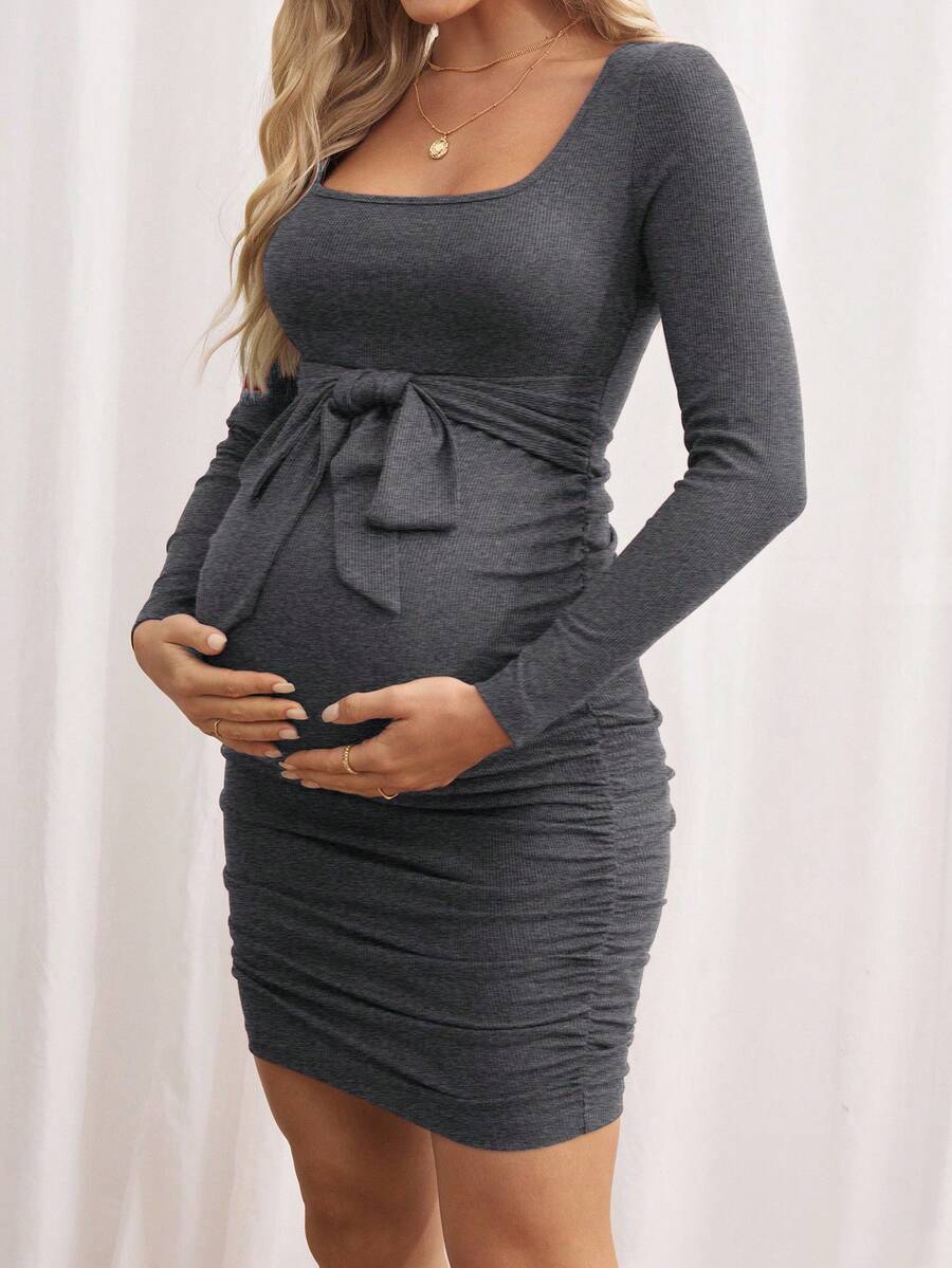 Maternity Bodycon Dress - Khaki Ruched Slim-Fit Belted Square Neck Long Sleeve Ribbed Knit, Pencil