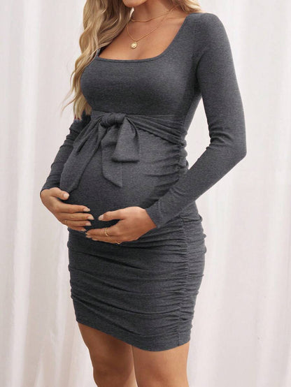 Maternity Bodycon Dress - Khaki Ruched Slim-Fit Belted Square Neck Long Sleeve Ribbed Knit, Pencil