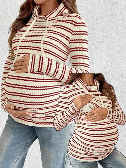 Striped Maternity Nursing Hoodie with Long Sleeve Drop Shoulder and Drawstring Detail in Apricot Knit for Autumn Winter