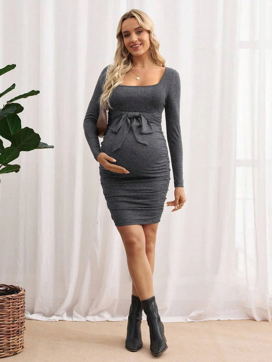 Maternity Bodycon Dress - Khaki Ruched Slim-Fit Belted Square Neck Long Sleeve Ribbed Knit, Pencil