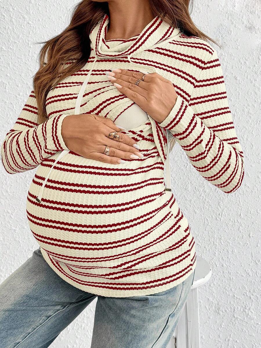 Striped Maternity Nursing Hoodie with Long Sleeve Drop Shoulder and Drawstring Detail in Apricot Knit for Autumn Winter