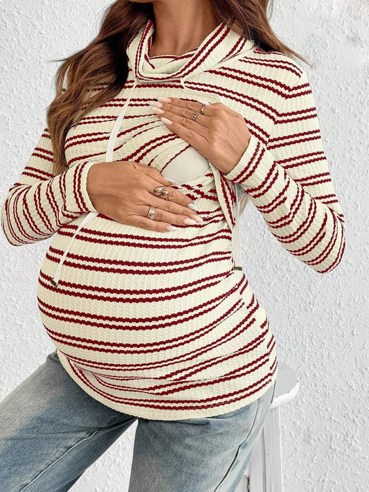 Striped Maternity Nursing Hoodie with Long Sleeve Drop Shoulder and Drawstring Detail in Apricot Knit for Autumn Winter