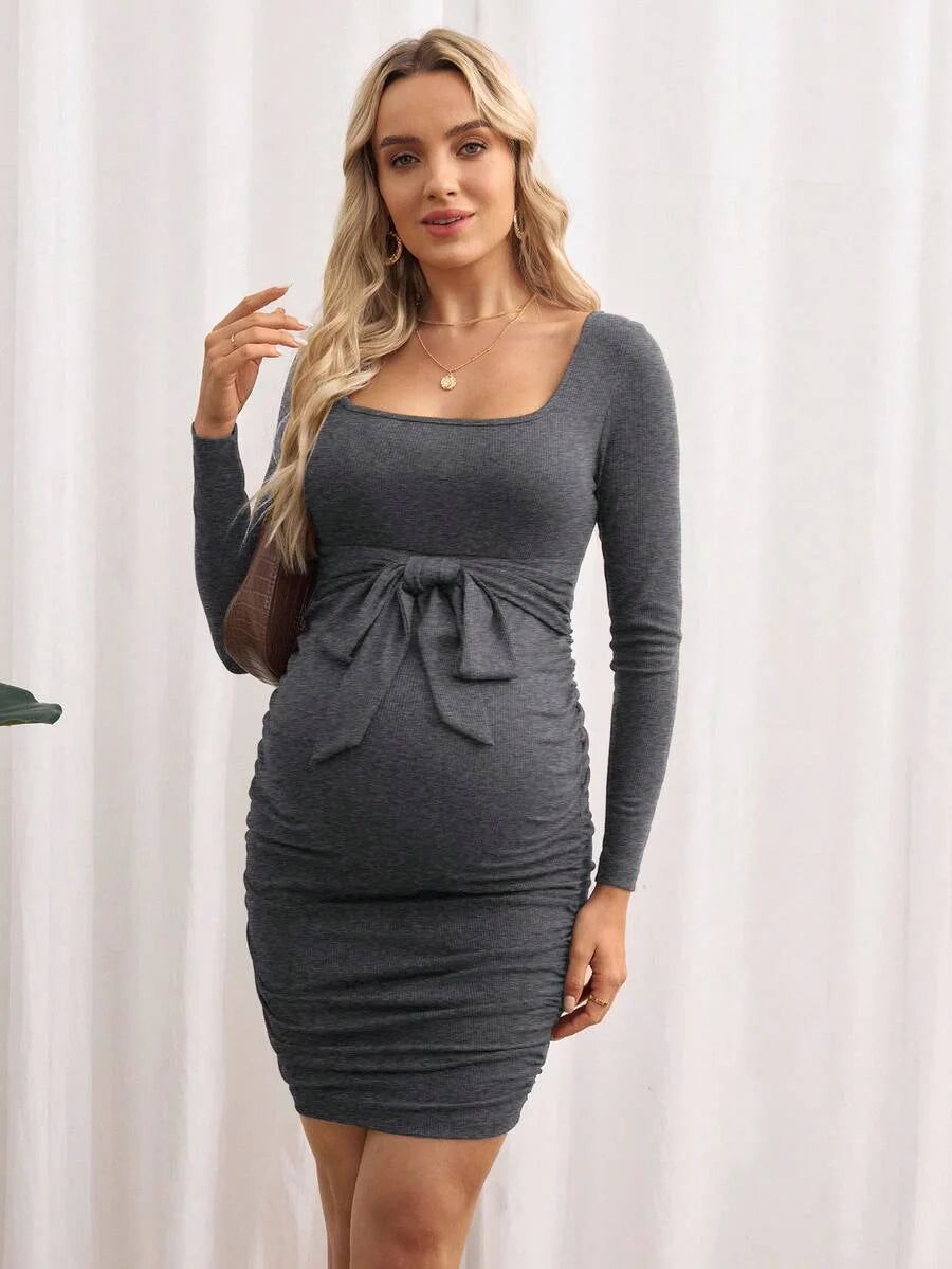Maternity Bodycon Dress - Khaki Ruched Slim-Fit Belted Square Neck Long Sleeve Ribbed Knit, Pencil